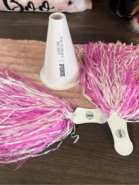 Victoria's Secret PINK White and Pink Cheer Megaphone with Pink & White Pom Poms